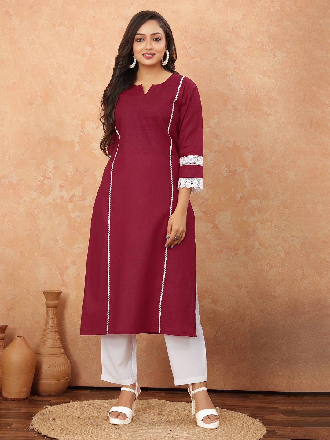 

Odd By Poshaak Notch Neck Gotta Patti Cotton Straight Kurta, Maroon