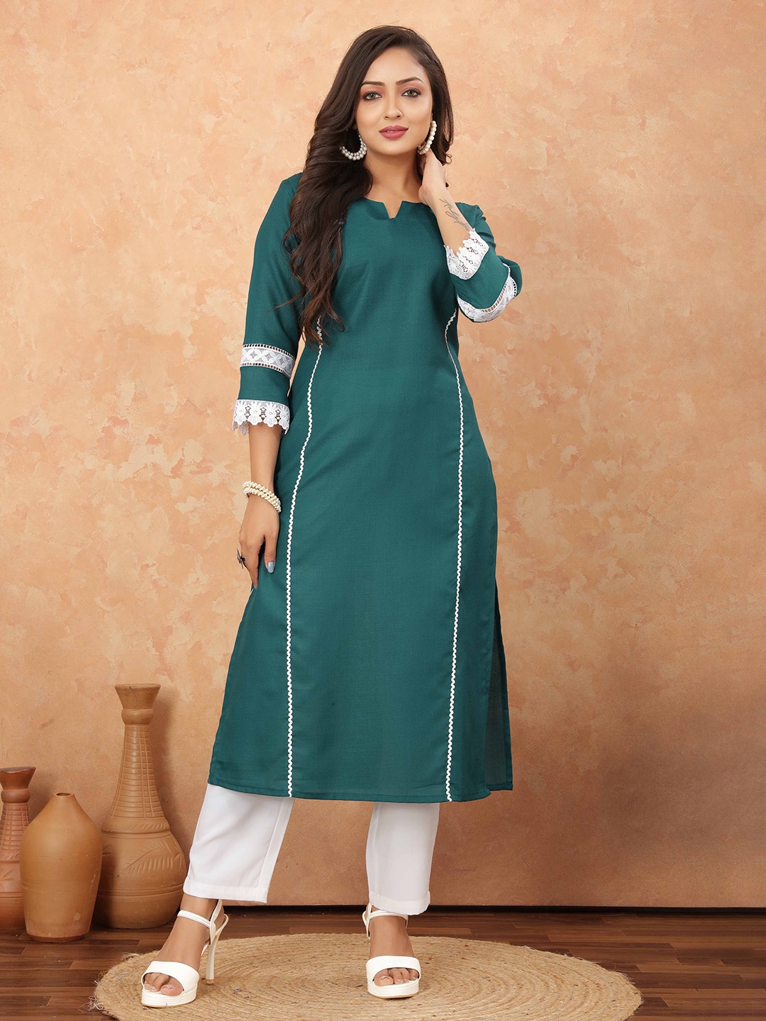 

Odd By Poshaak Notch Neck Gotta Patti Pure Cotton Straight Kurta, Teal