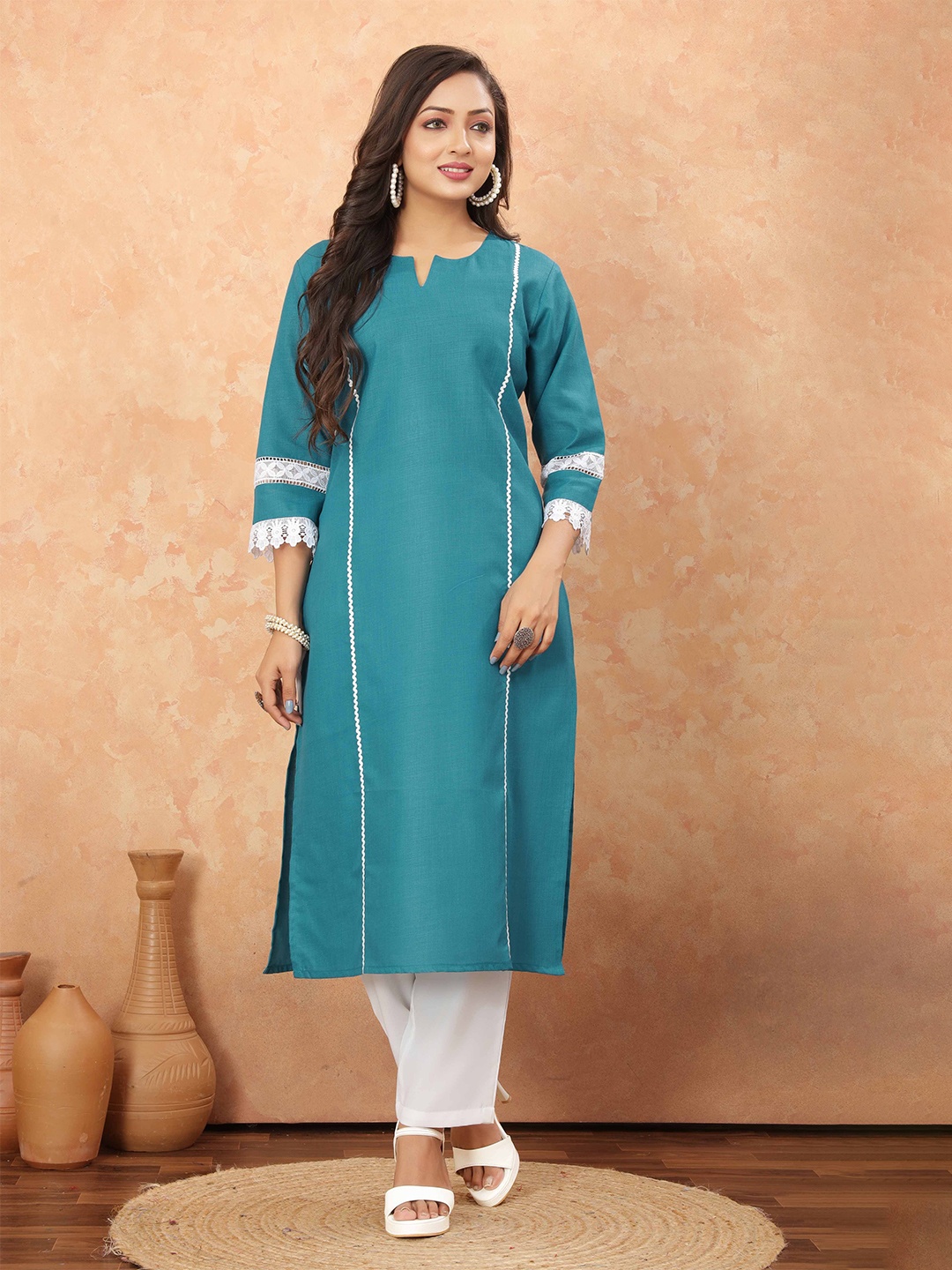 

Odd By Poshaak Notch Neck Gotta Patti Detailed Cotton Straight Kurta, Blue