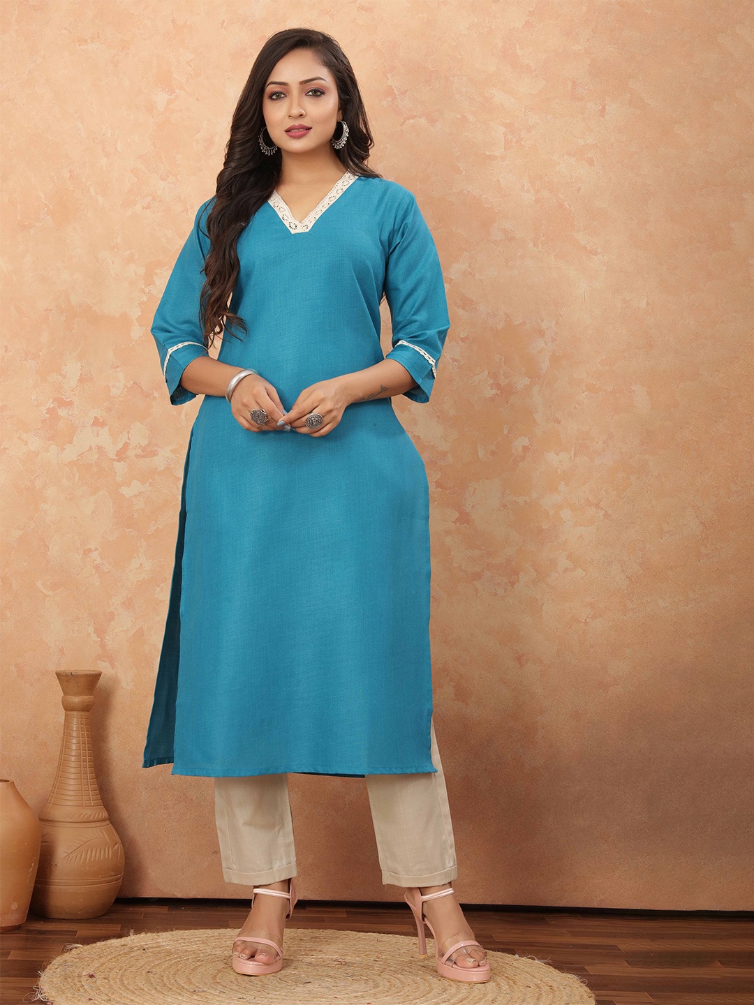 

Odd By Poshaak V-Neck Three-Quarter Sleeves Cotton Straight Kurta, Blue