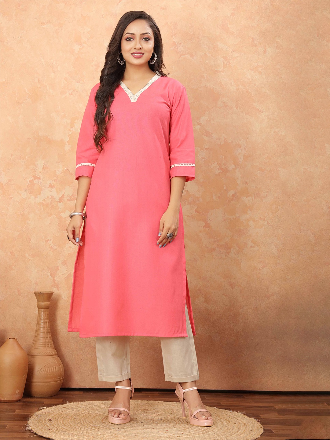 

Odd By Poshaak V-Neck Pure Cotton Straight Kurta, Pink