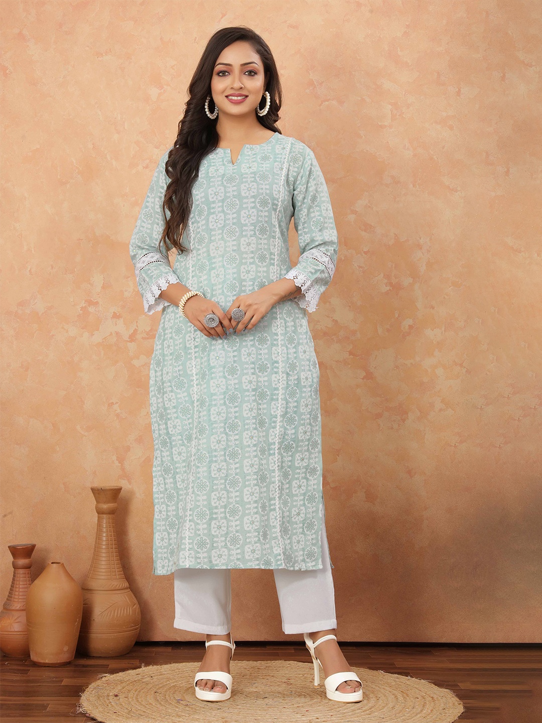 

Odd By Poshaak Ethnic Motifs Printed Notch Pure Cotton Straight Kurta, Blue