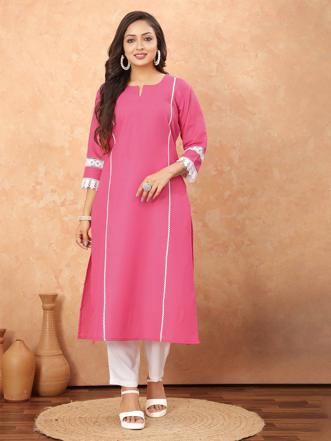 

Odd By Poshaak Notch Neck Gotta Patti Pure Cotton Straight Kurta, Pink