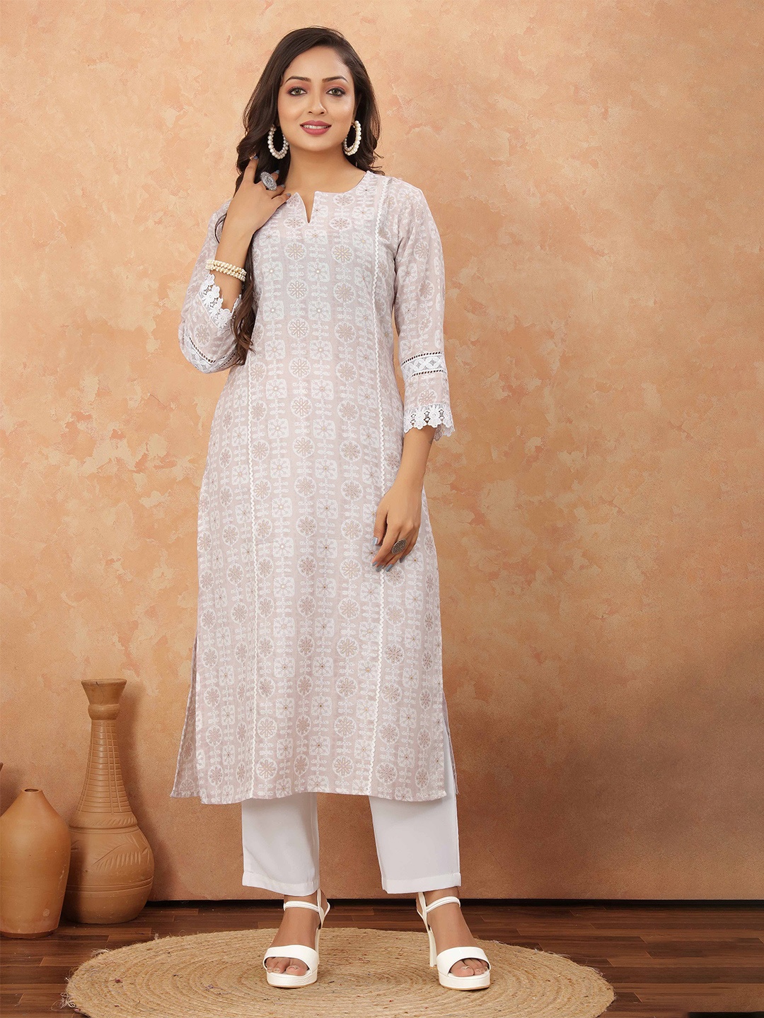 

Odd By Poshaak Ethnic Motifs Printed Notch Neck Gotta Patti Cotton Straight Kurta, Beige