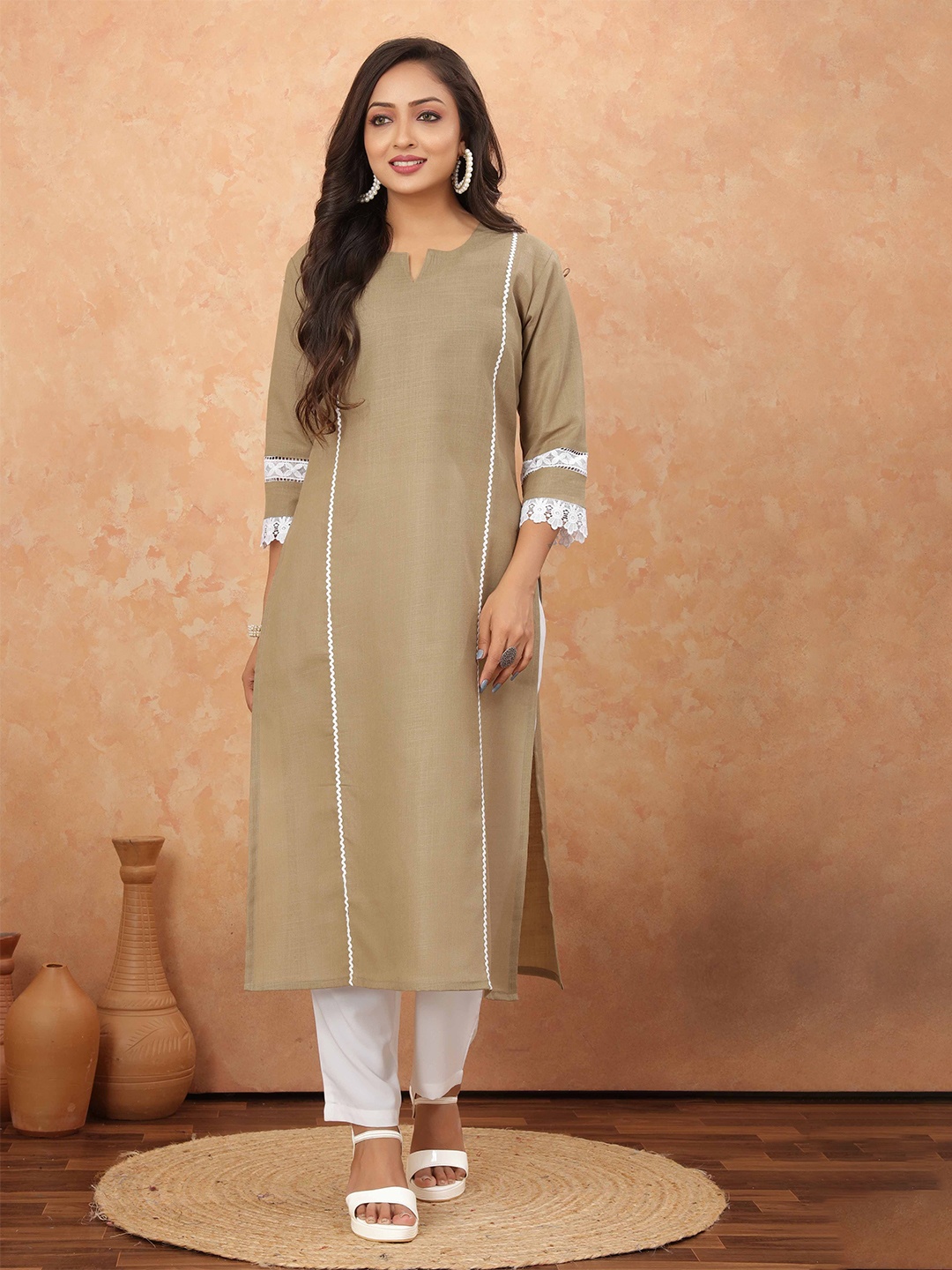 

Odd By Poshaak Notch Neck Gotta Patti Pure Cotton Straight Kurta, Beige