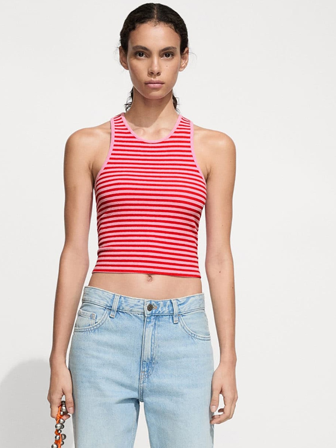 

MANGO Striped Knitted Crop Top, Red