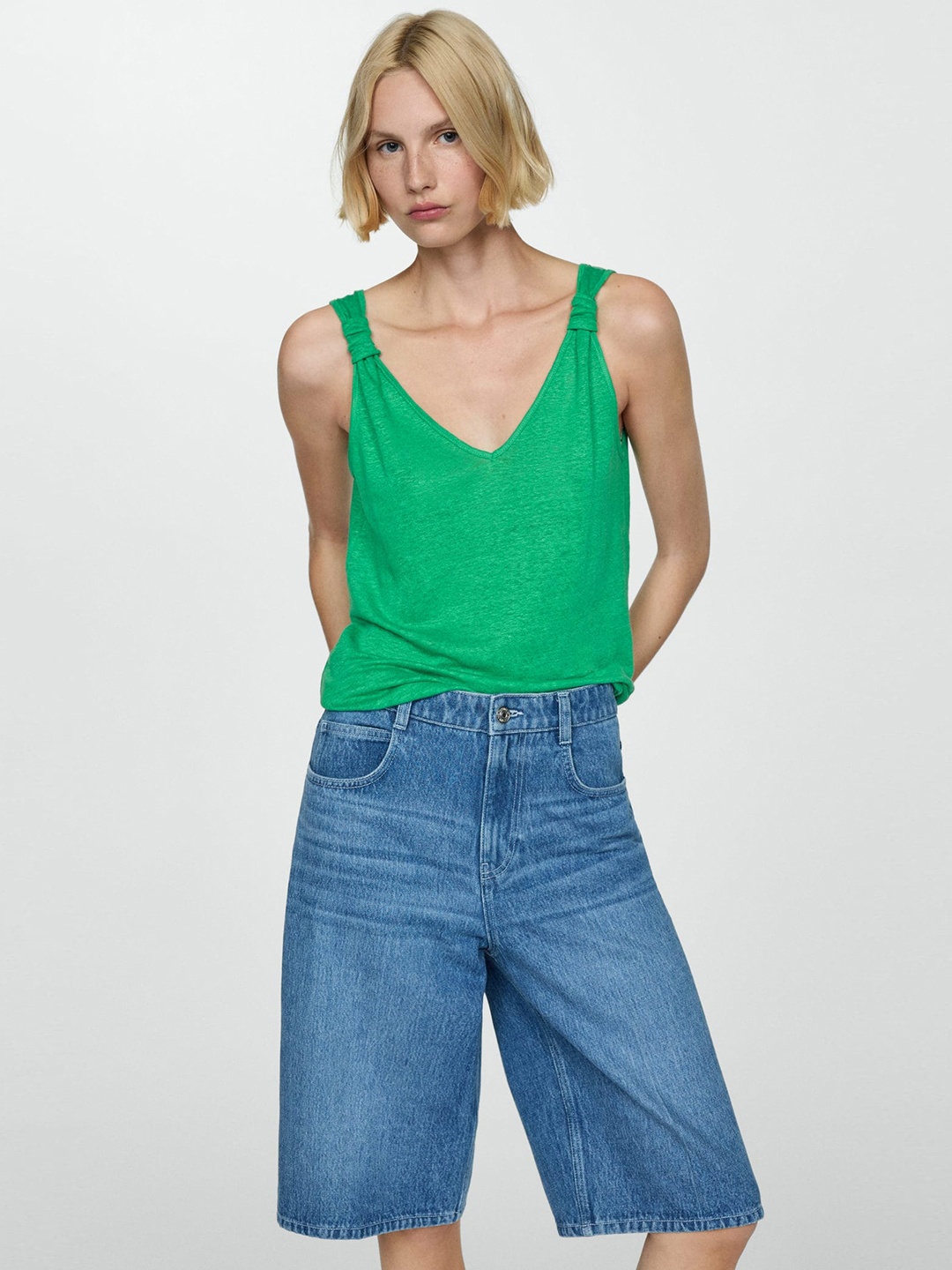 

MANGO Knotted Straps Linen Top, Green