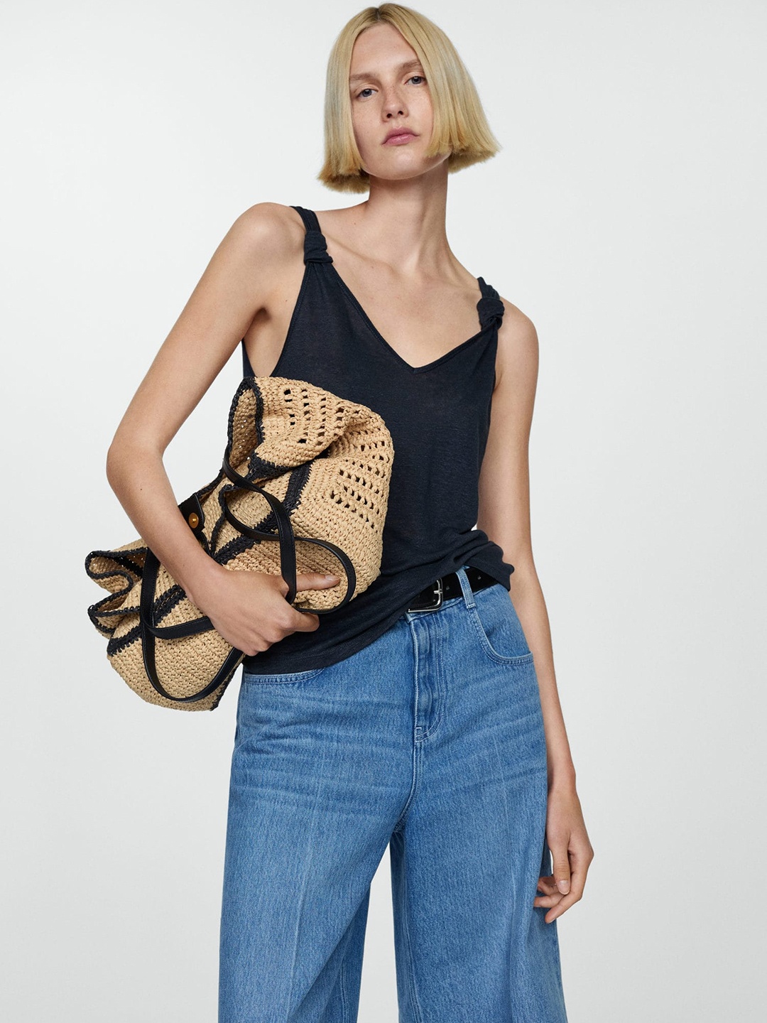 

MANGO Knotted Straps Linen Top, Navy blue