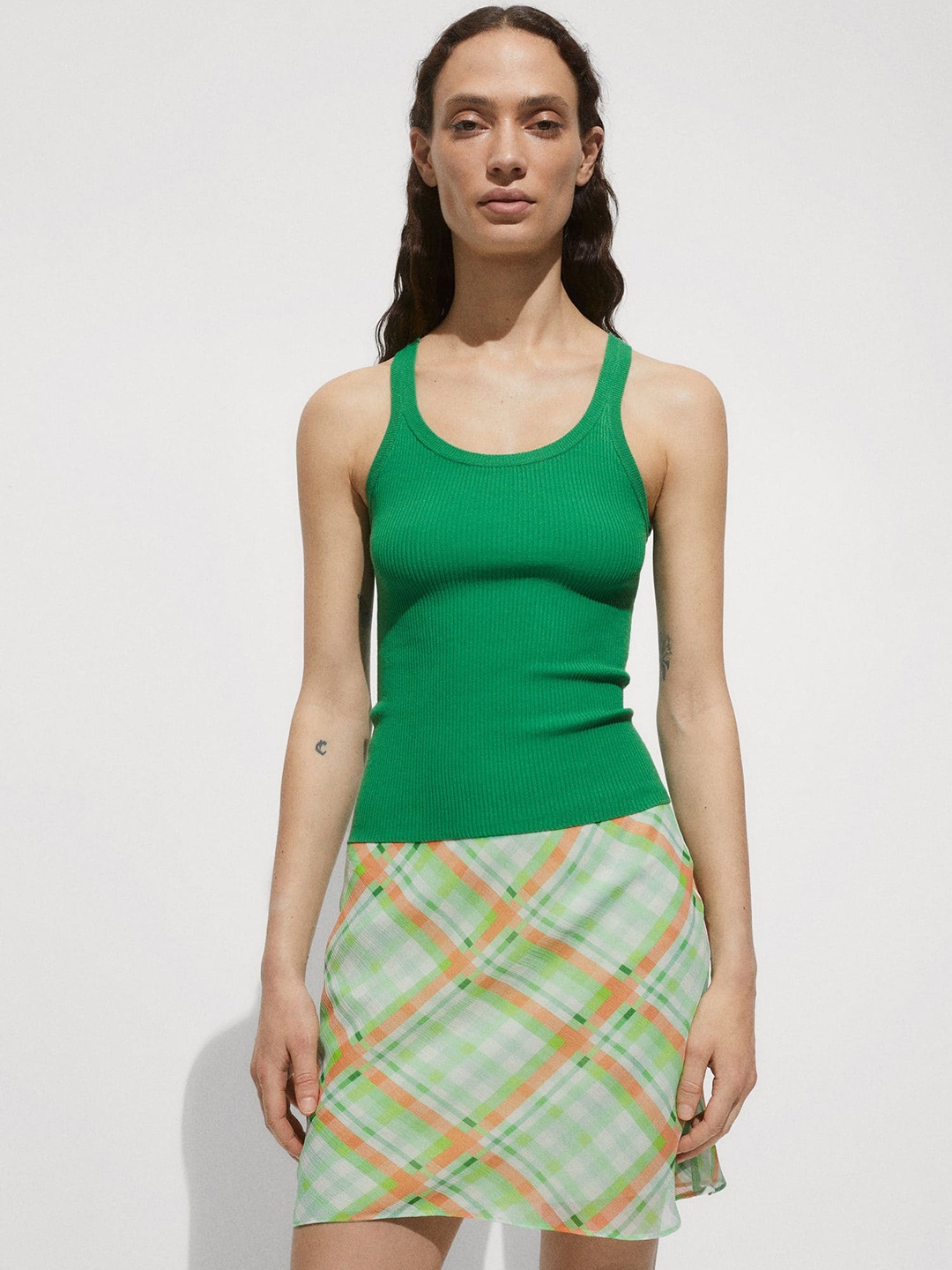 

MANGO Ribbed Tank Top, Green