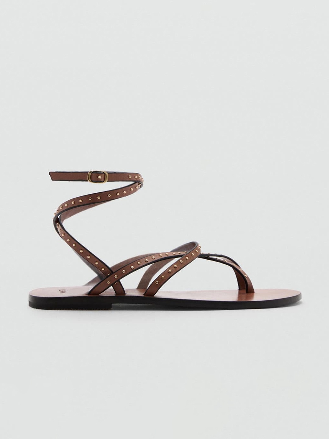 

MANGO Women Embellished Leather One Toe Flats, Brown