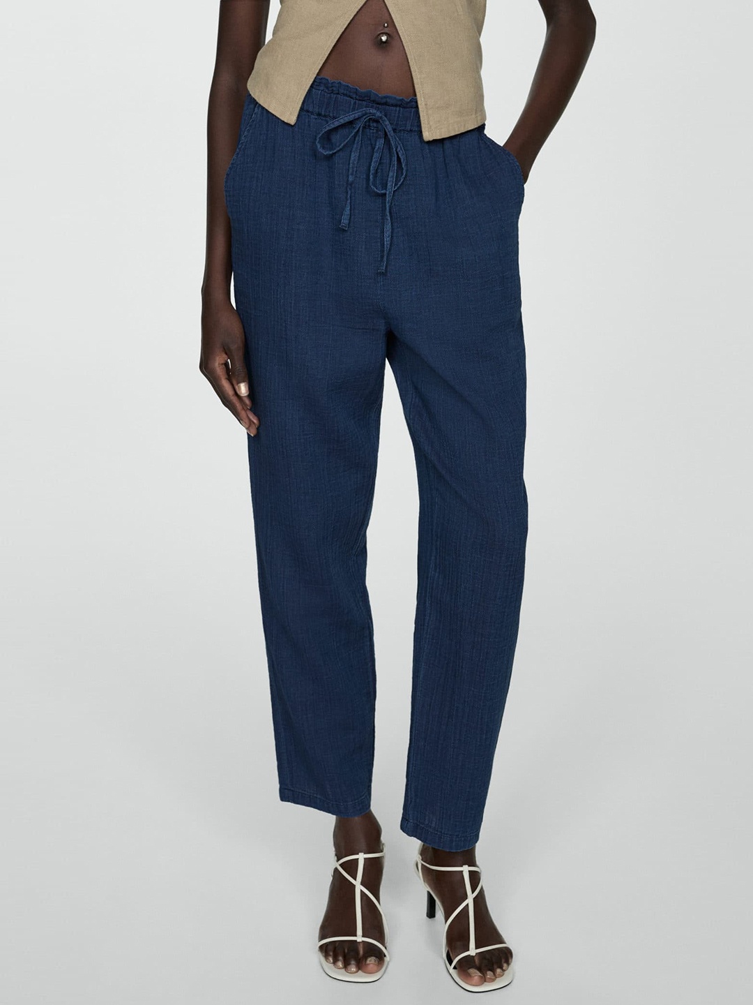 

MANGO Women Straight Fit Chambray Trousers, Navy blue