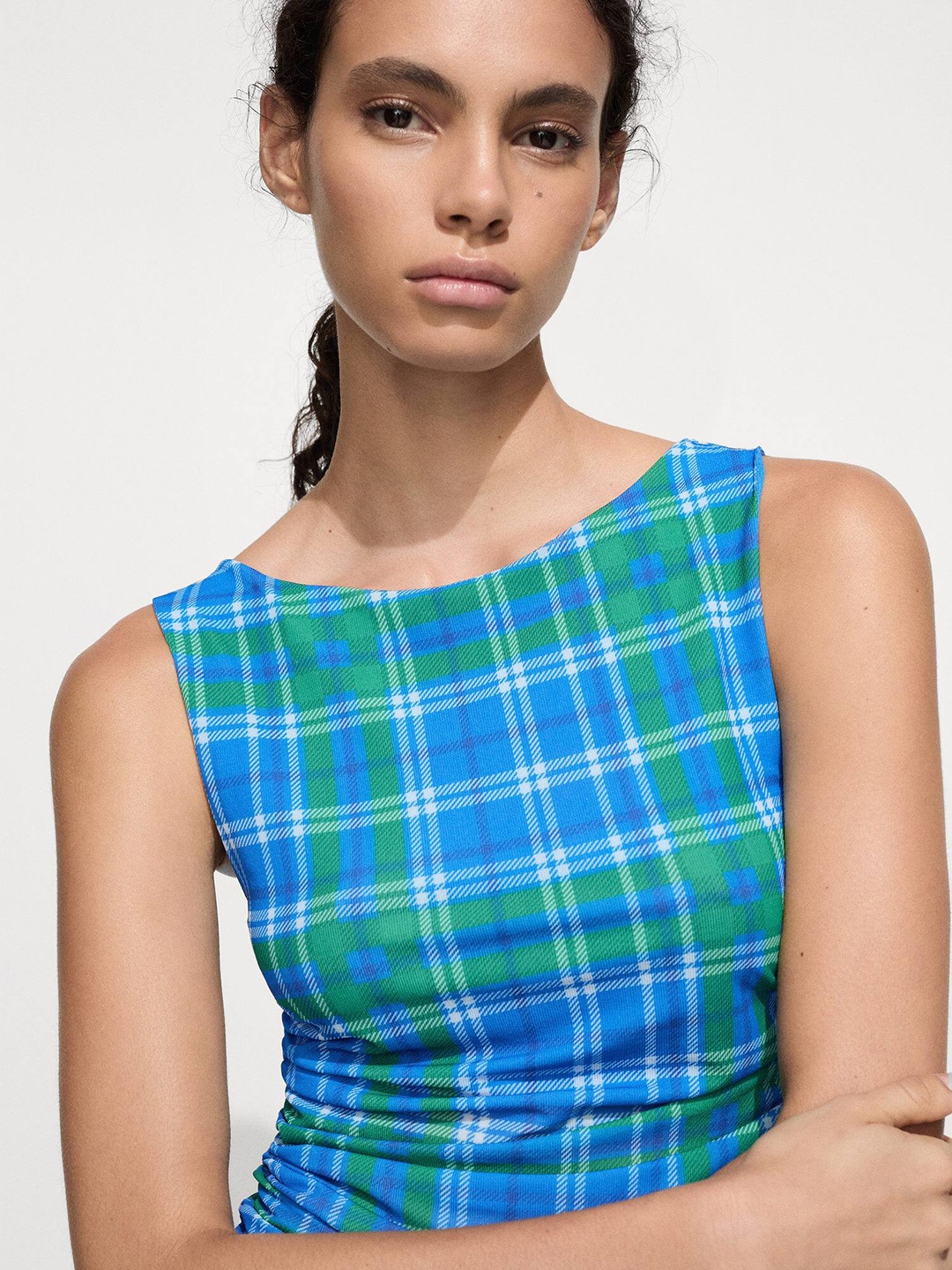 

MANGO Ruched Checked Top, Blue