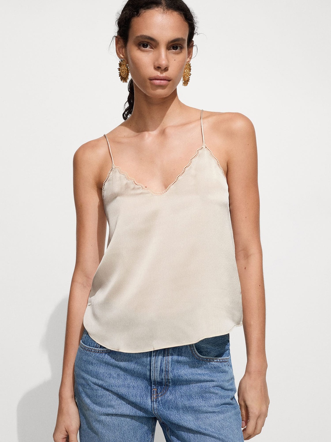 

MANGO Lace Inserts Satin Top, Beige