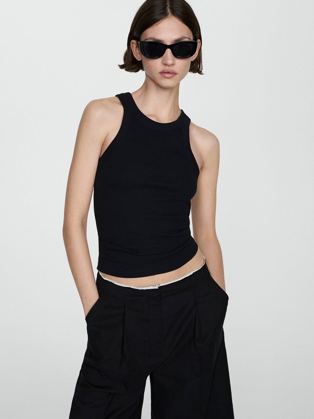 

MANGO Ribbed Top, Black