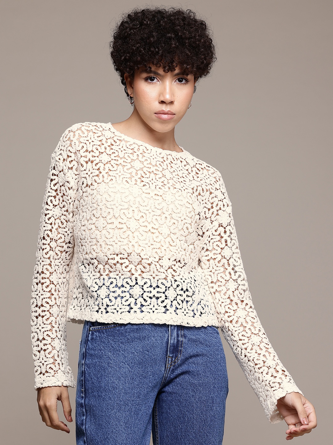 

MANGO Regular Fit Crochet Top, Beige