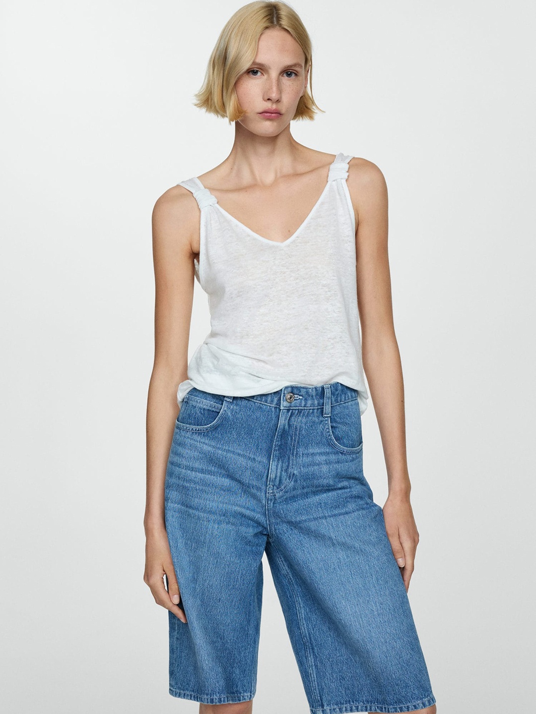 

MANGO Linen Top With Knotted Straps, White