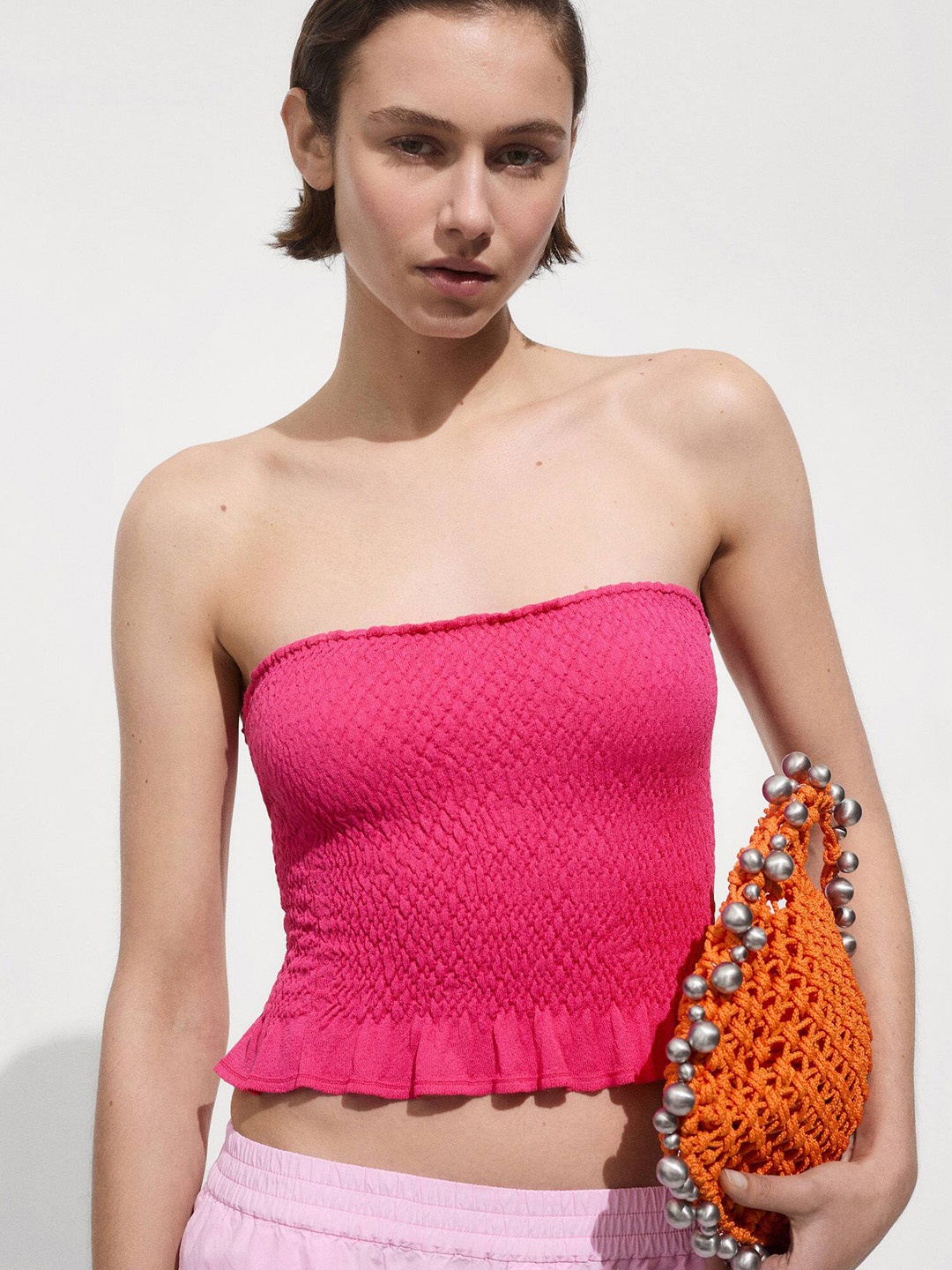 

MANGO Ruffled Tube Crop Top, Pink