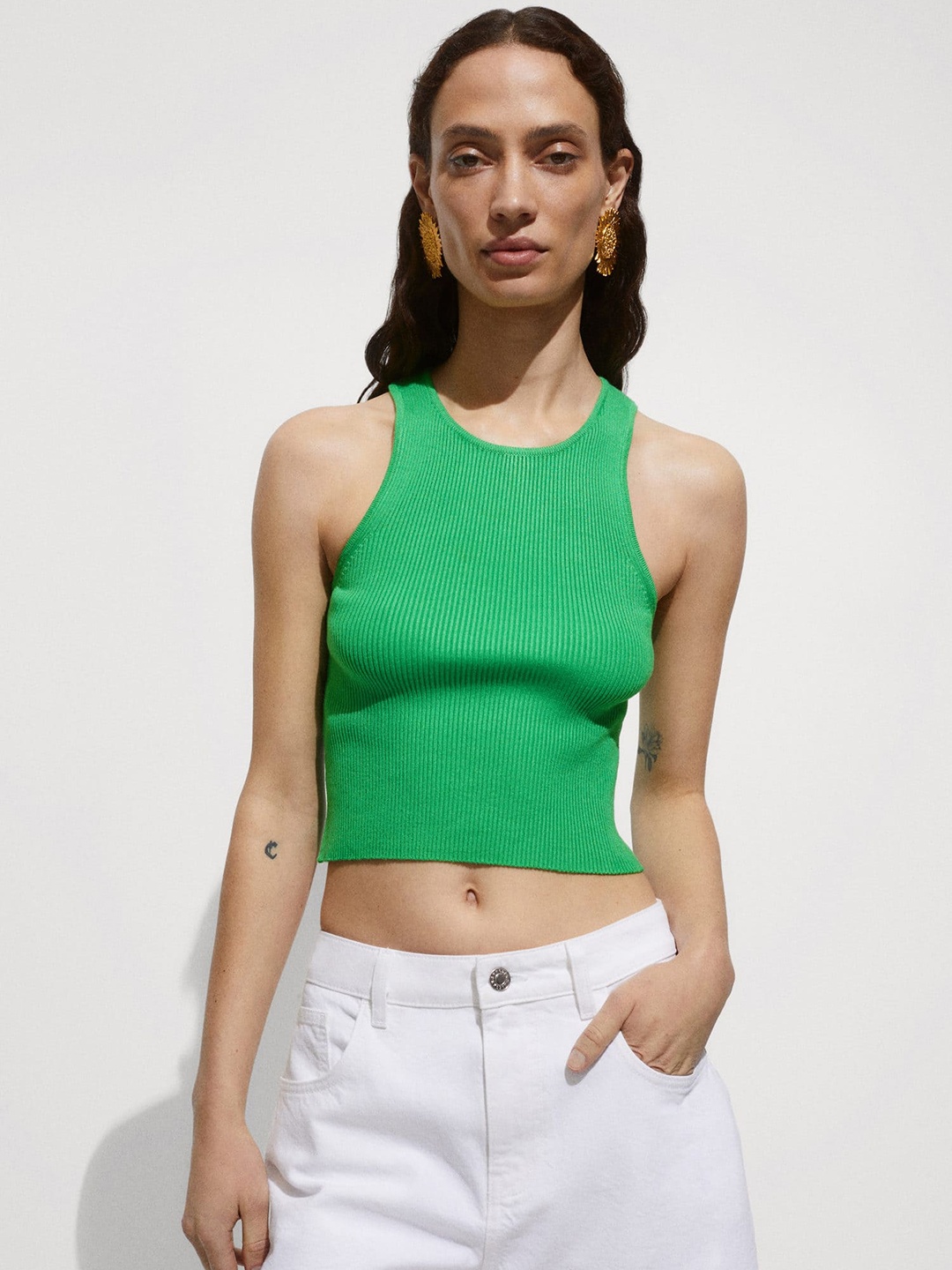 

MANGO Ribbed Tank Top, Green