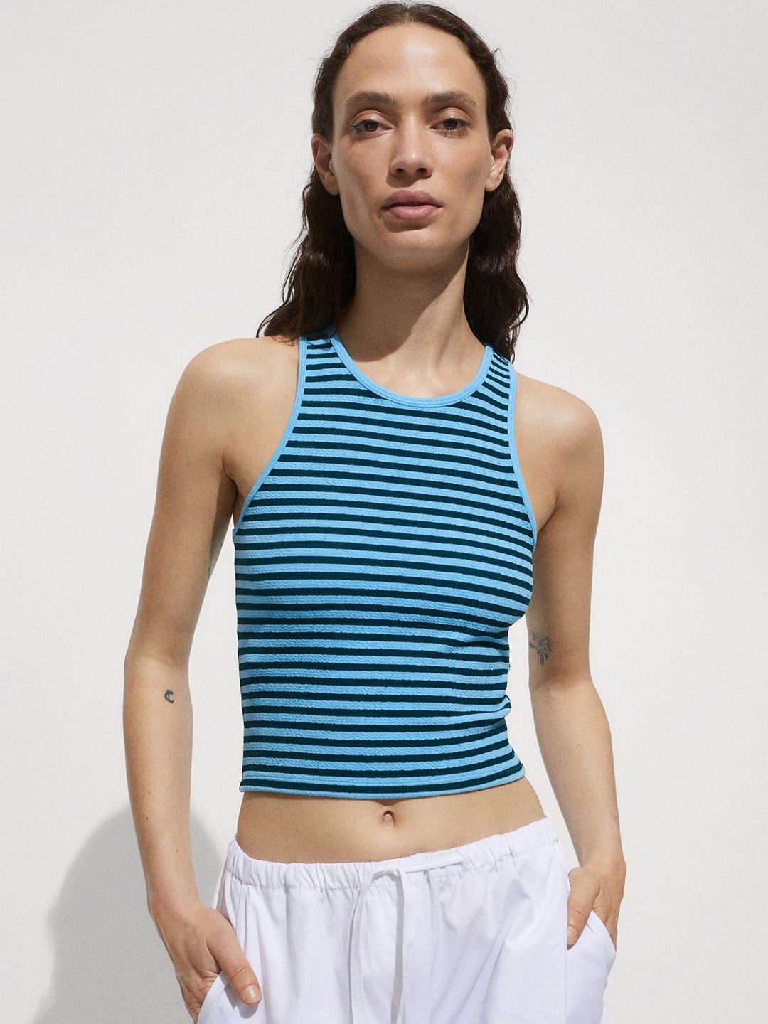 

MANGO Striped Tank Crop Top, Blue