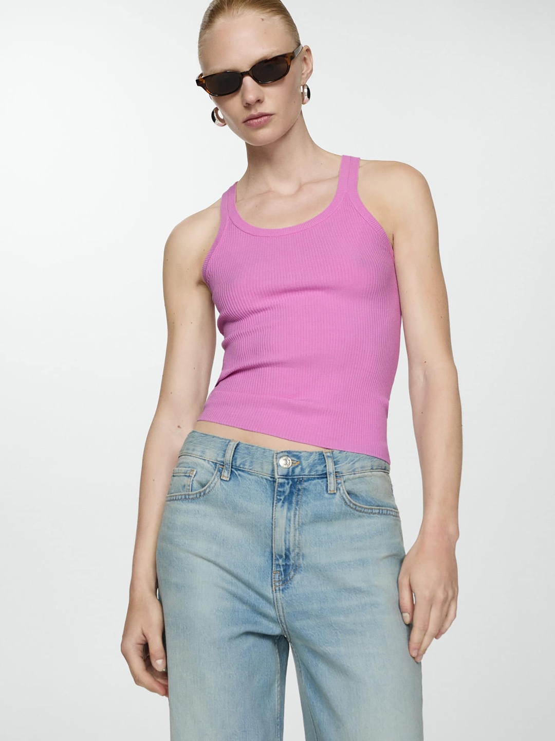 

MANGO Ribbed Fitted Top, Pink