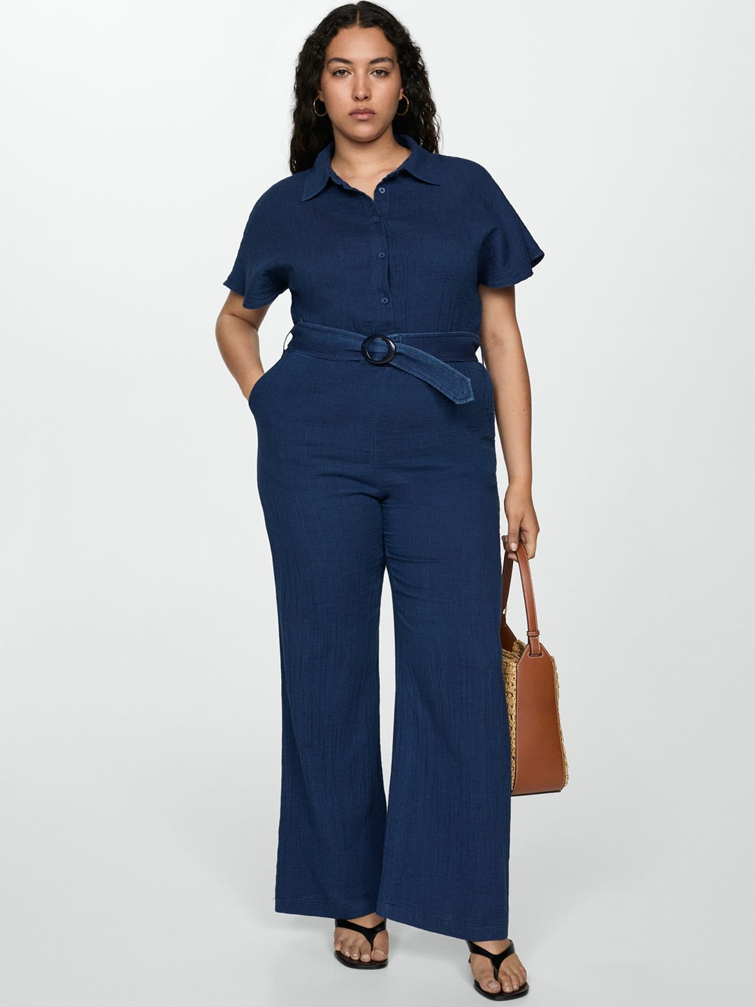 

MANGO Belted Flared Sleeves Basic Cotton Jumpsuit, Navy blue