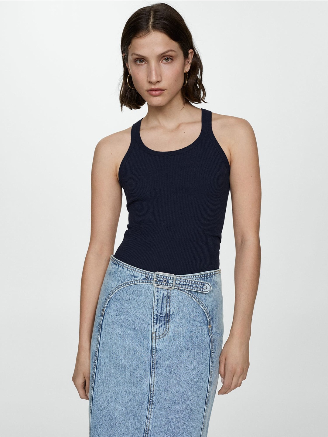 

MANGO Ribbed Fitted Top, Navy blue