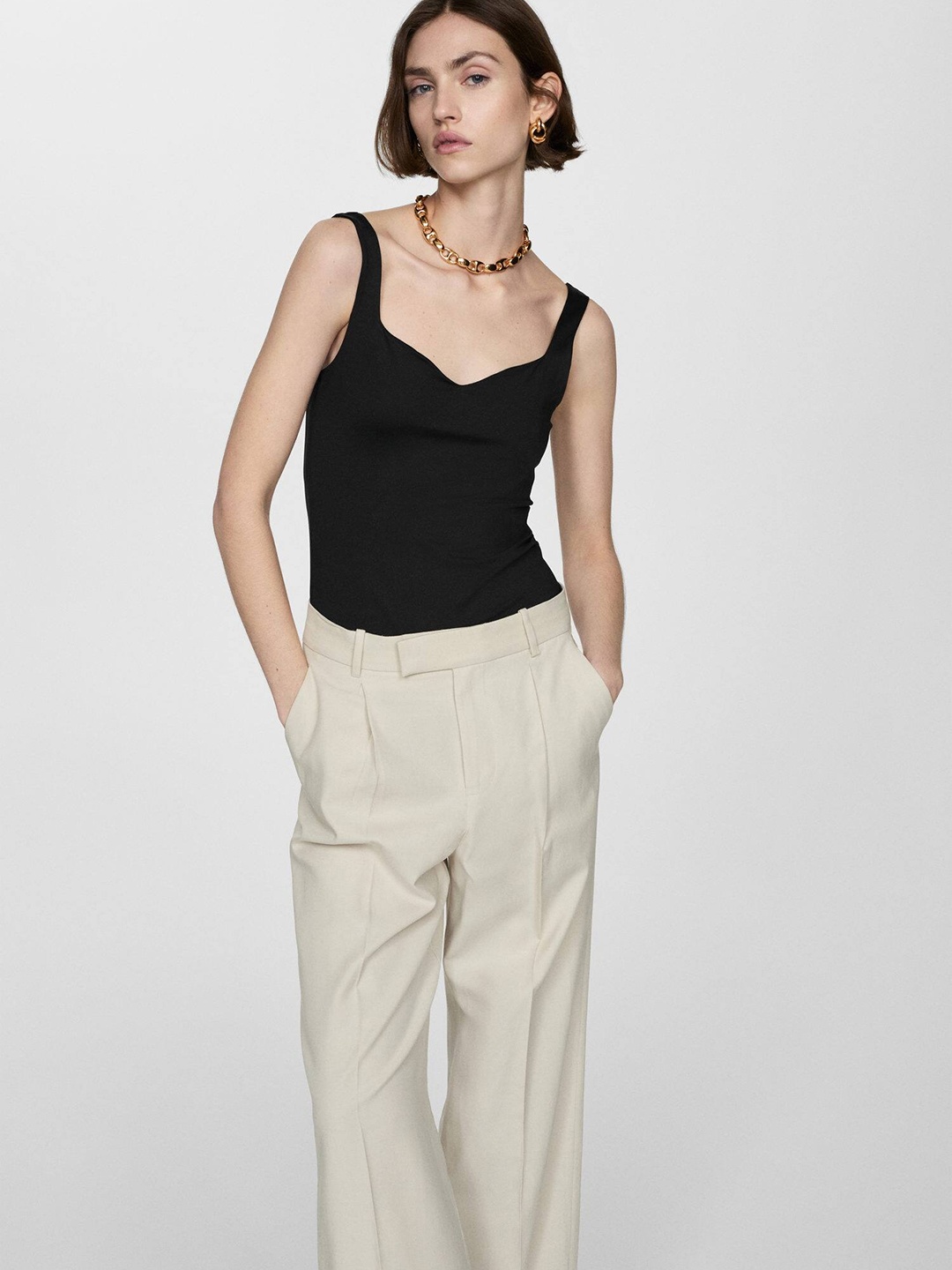 

MANGO Sweetheart Neck Strap Top, Black