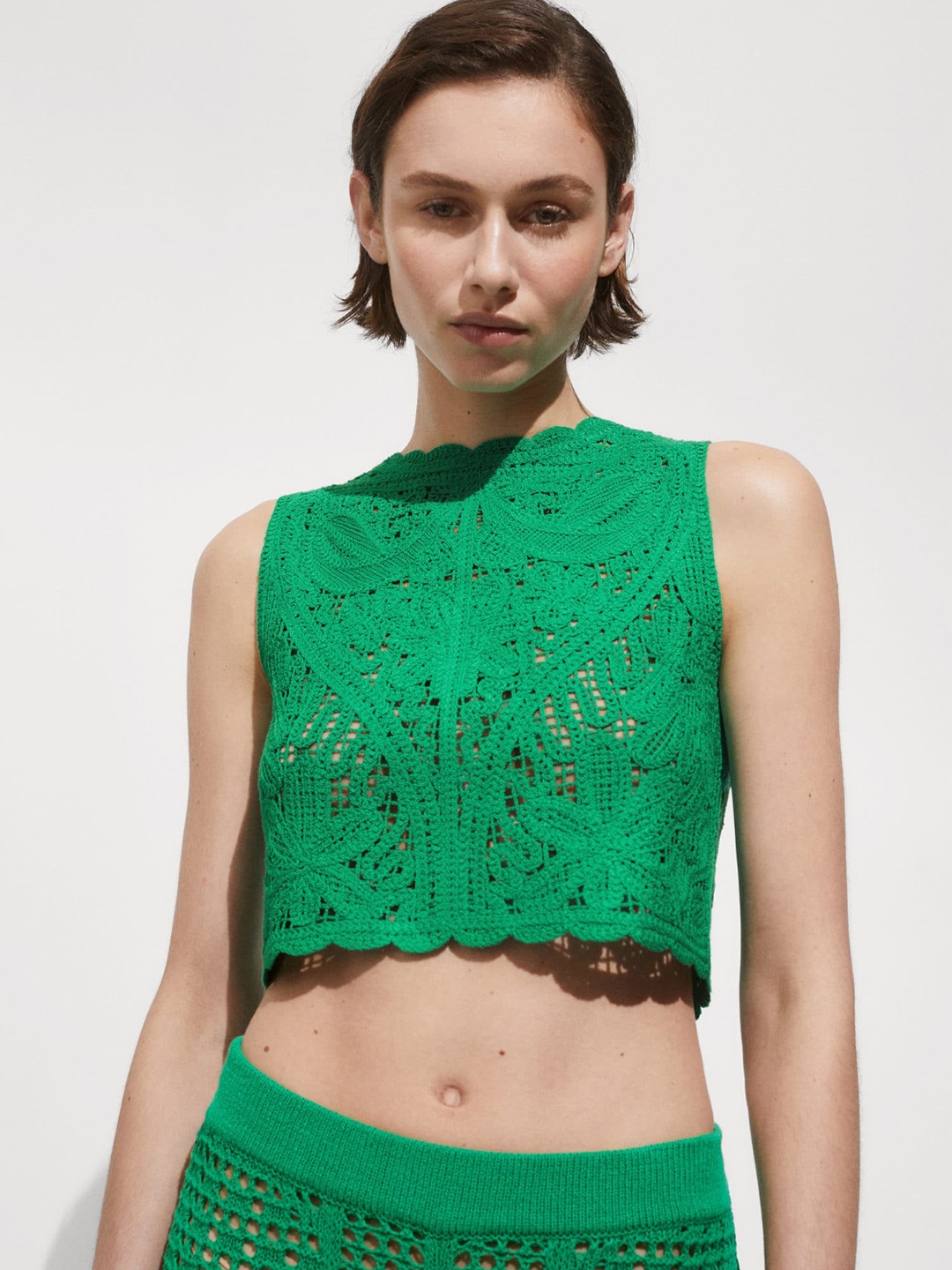 

MANGO Crochet Acrylic Crop Top, Green