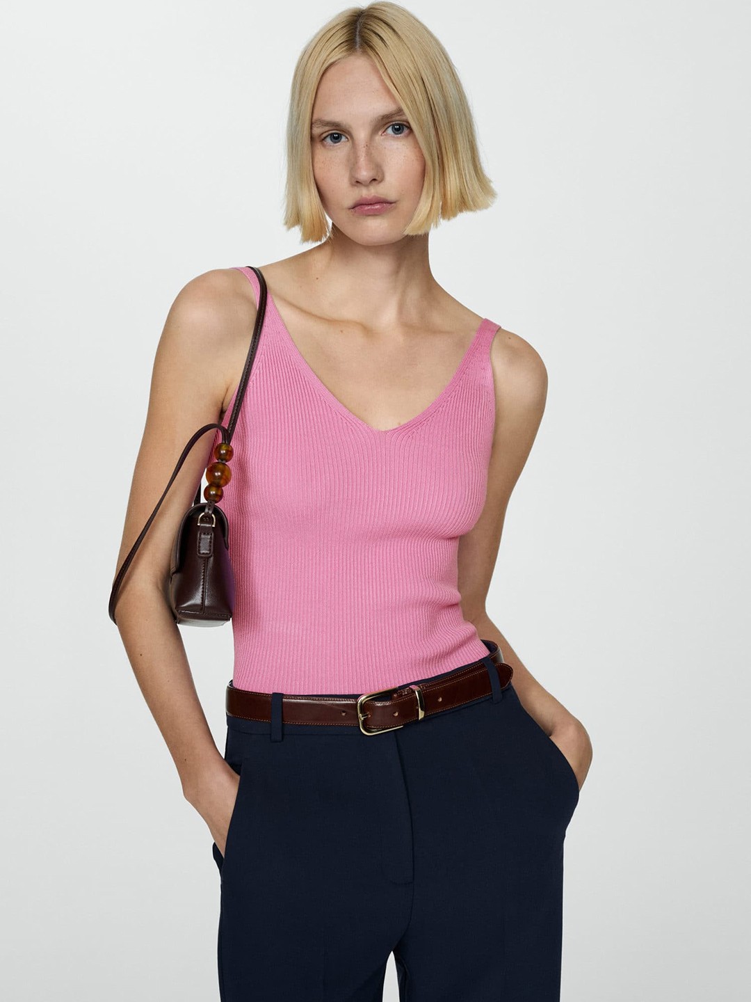 

MANGO Ribbed V-Neck Top, Pink