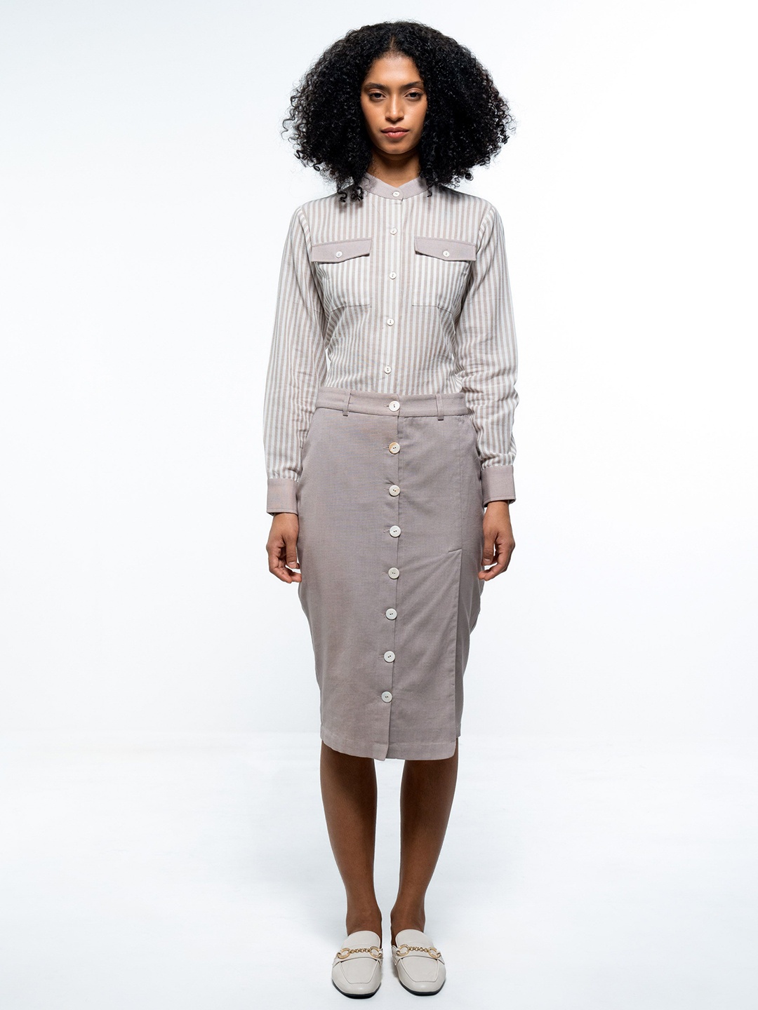 

SOTBELLA Women Striped Band Collar Formal Shirt, Grey