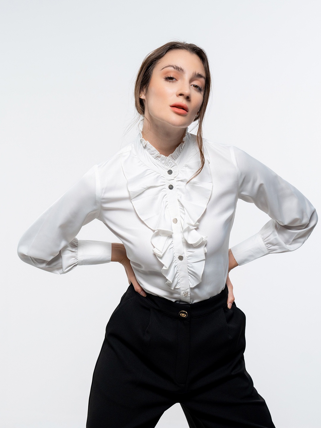 

SOTBELLA Women Solid Band Collar Formal Shirt, White