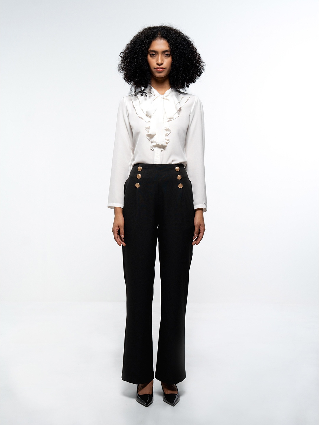 

SOTBELLA Women Solid Collarless Ruffles Formal Shirt, White
