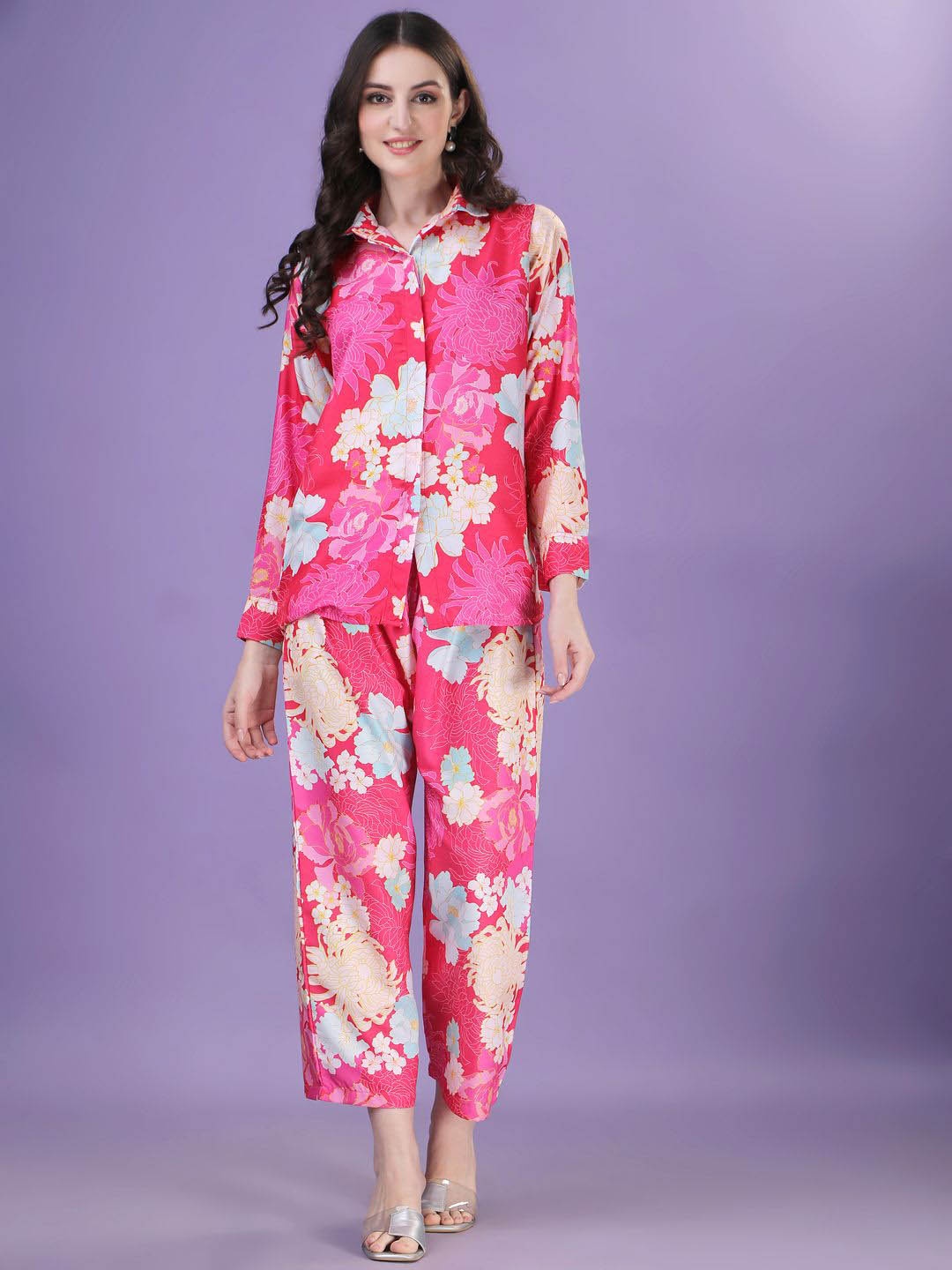 

Siya Fashion Floral Printed Shirt With Palazzos Co-Ords, Pink