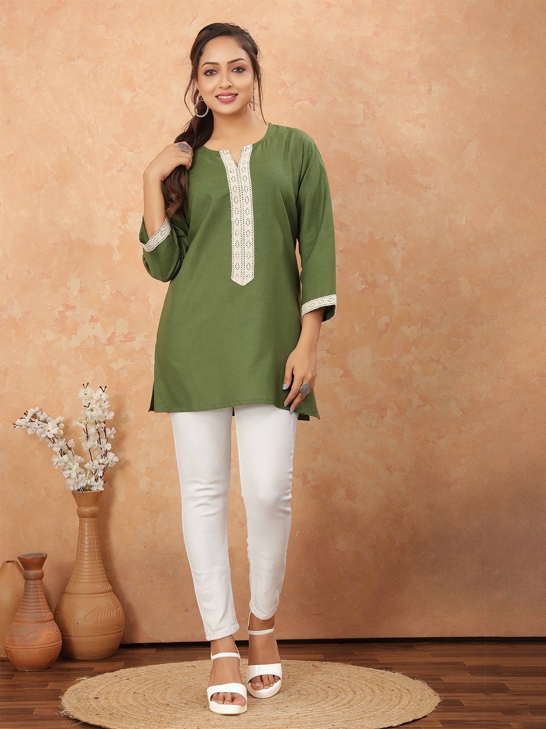 

Odd By Poshaak Cotton Tunic with Regular Sleeves solid print tunic, Olive