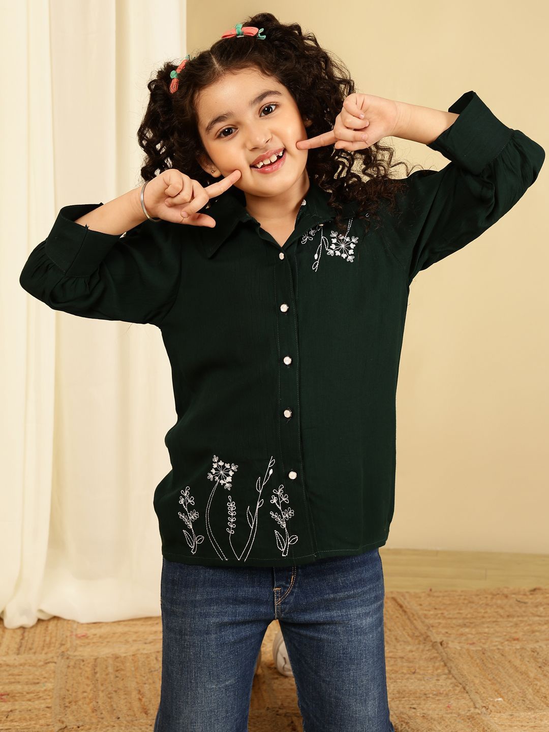 

BAESD Kids Girls Embroidered Spread Collar Shirt, Green