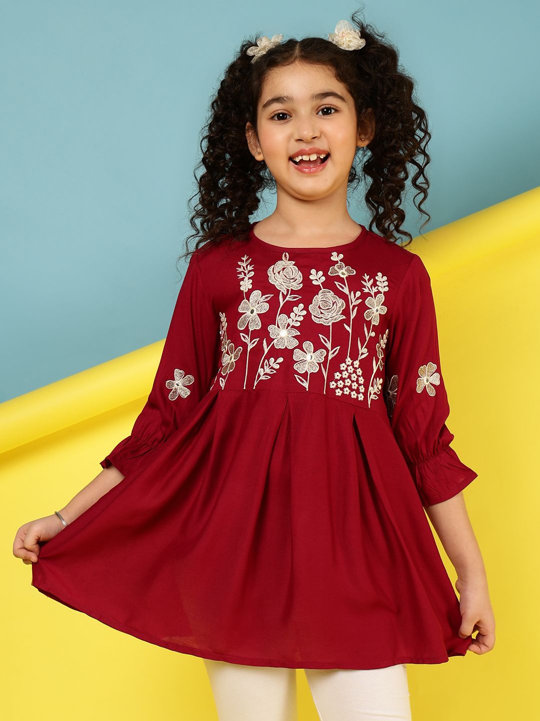 

BAESD Kids Girls Embroidered Round Neck Longline A-Line Top, Maroon