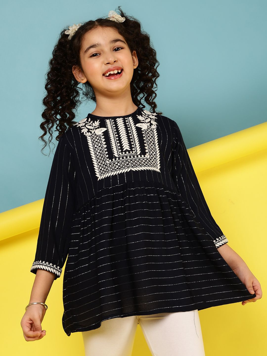 

BAESD Kids Girls Embroidered Round Neck A-Line Top, Navy blue