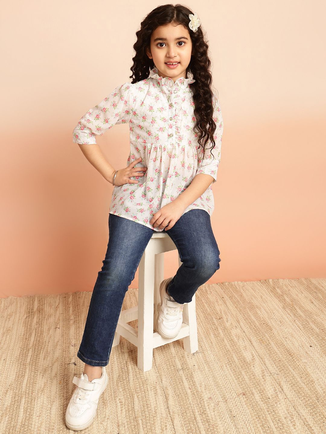 

BAESD Kids Girls Floral Printed High Neck Top, White