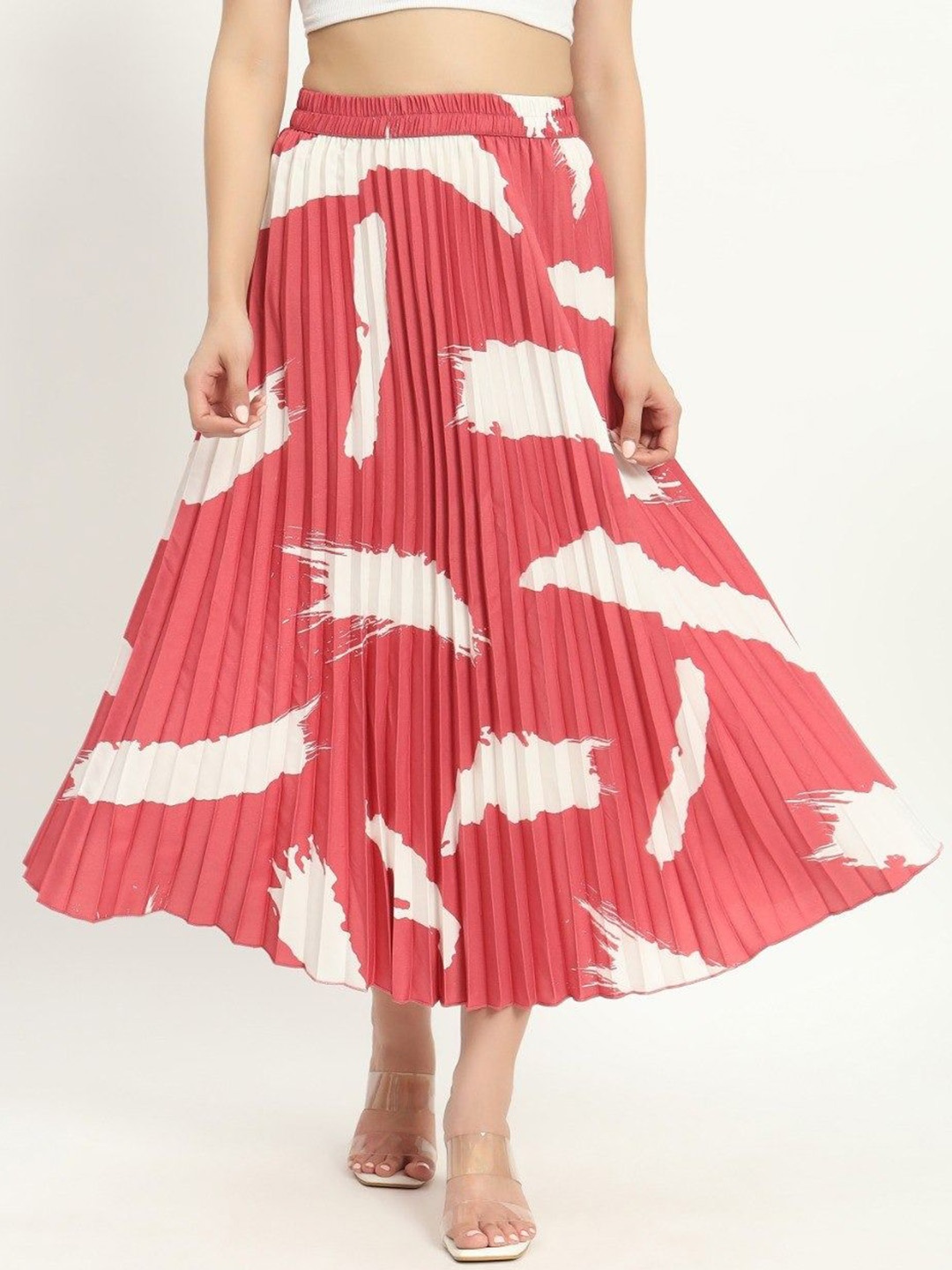 

OTABU Women Brush Abstract Printed Accordion Pleated A-Line Midi Skirt, Peach