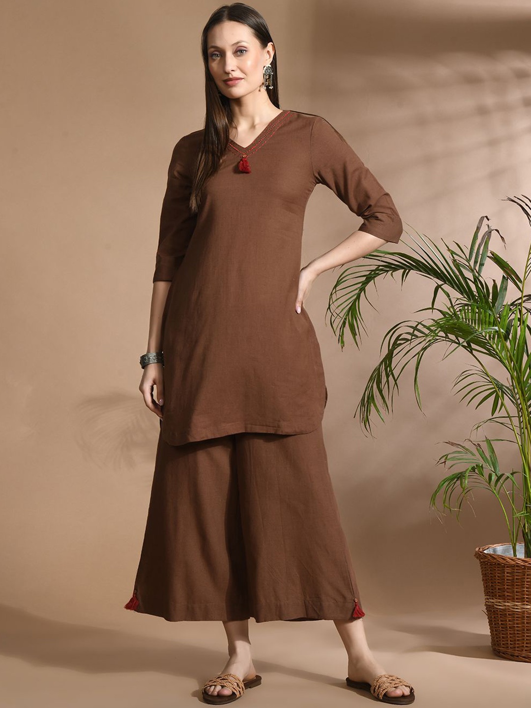 

aayusika V- Neck Cotton Top With Palazzos, Coffee brown
