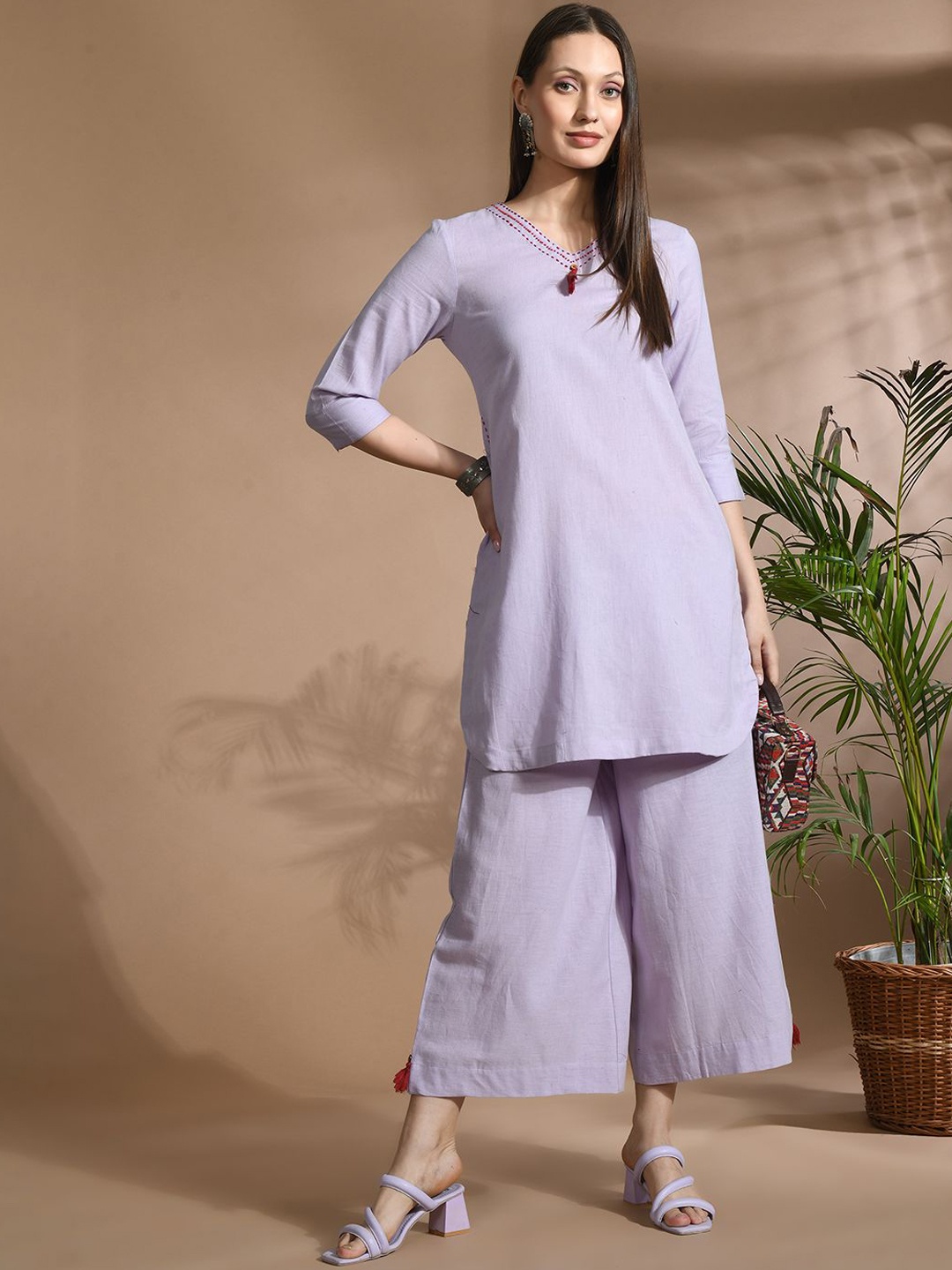 

aayusika V-Neck Three-Quarter Sleeves Pure Cotton Tunic With Palazzos, Mauve