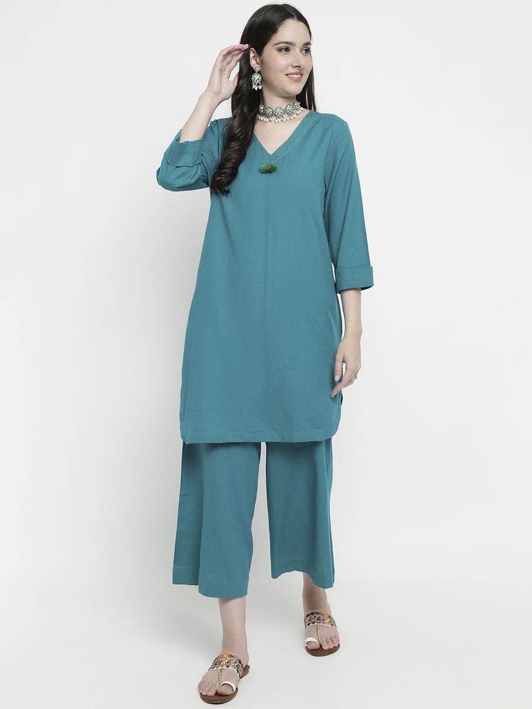 

aayusika V-Neck Pure Cotton Top With Palazzos, Blue