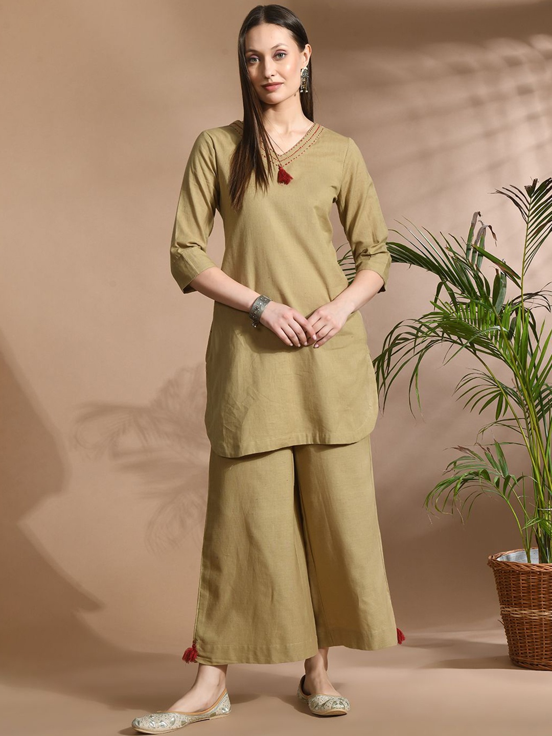 aayusika V-Neck Three-Quarter Sleeves Top & Trouser, Brown