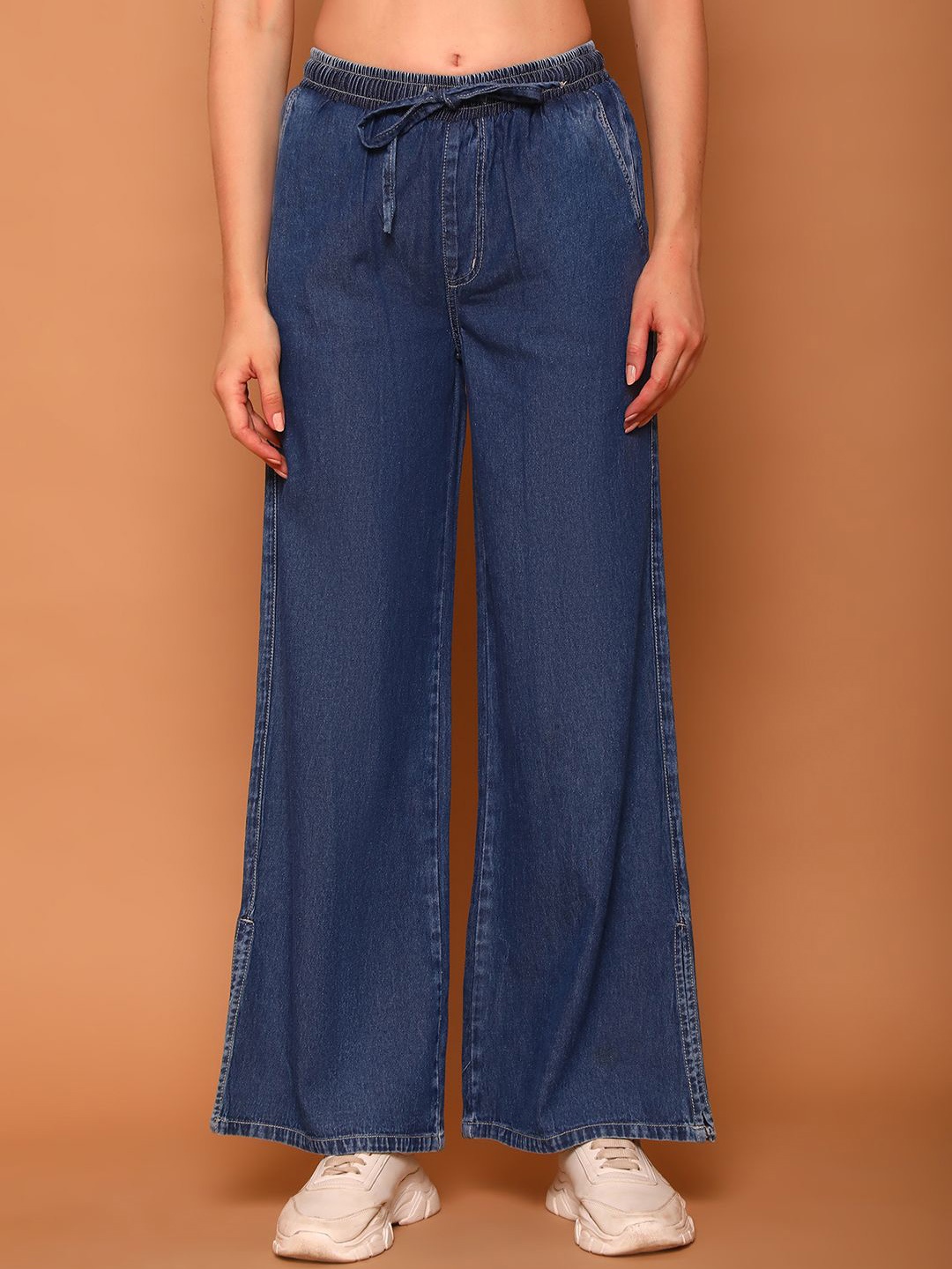 

Mast & Harbour Women Clean Look Wide Leg Cotton Jeans, Blue