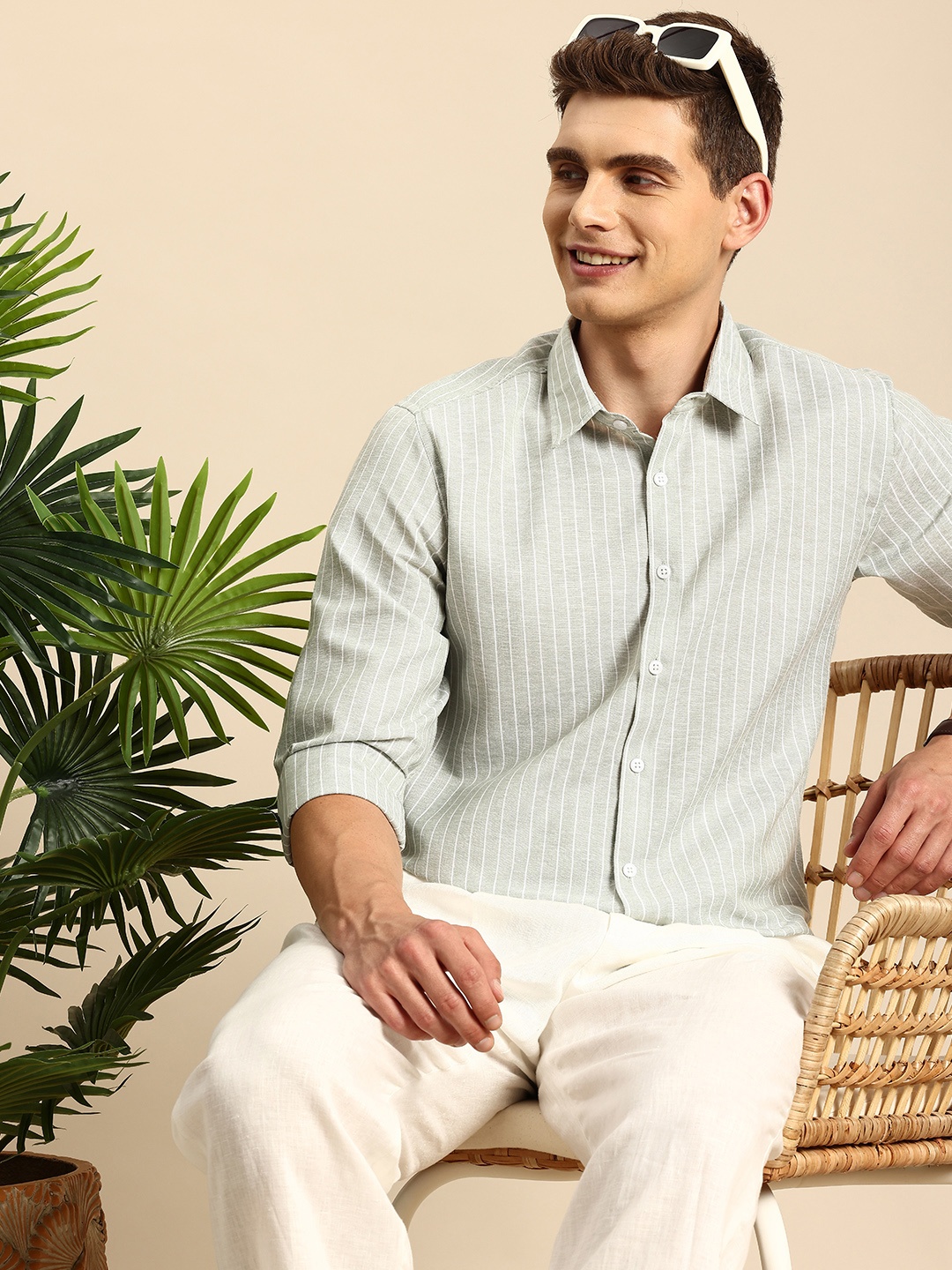 

Mast & Harbour Men Premium Slim Fit Striped Casual Shirt, Green