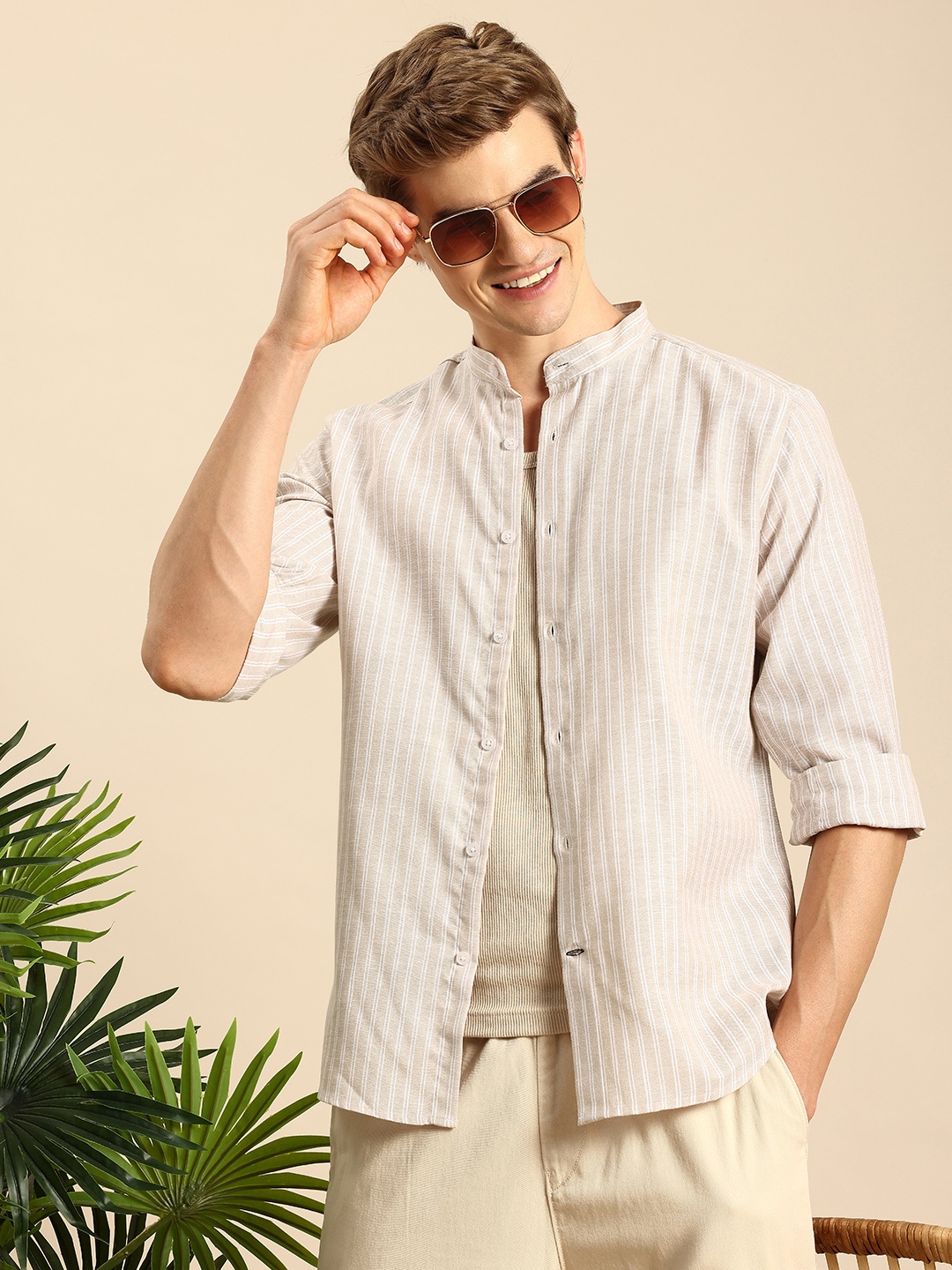 

Mast & Harbour Men Premium Slim Fit Striped Casual Shirt, Beige
