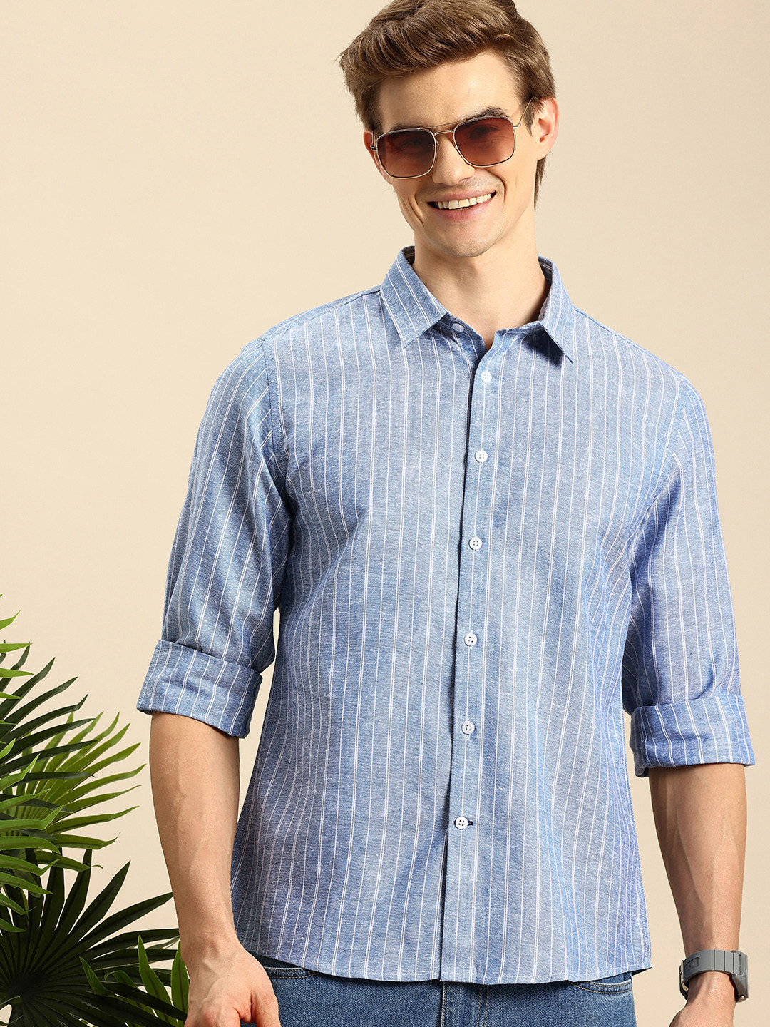 

Mast & Harbour Men Premium Slim Fit Striped Cotton Linen Casual Shirt, Blue