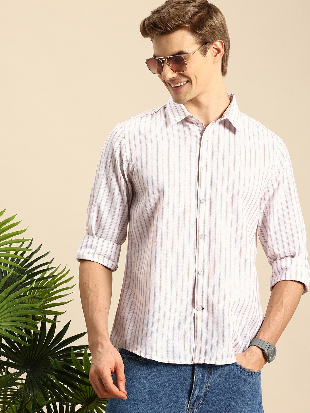 

Mast & Harbour Men Premium Slim Fit Striped Cotton Linen Casual Shirt, White