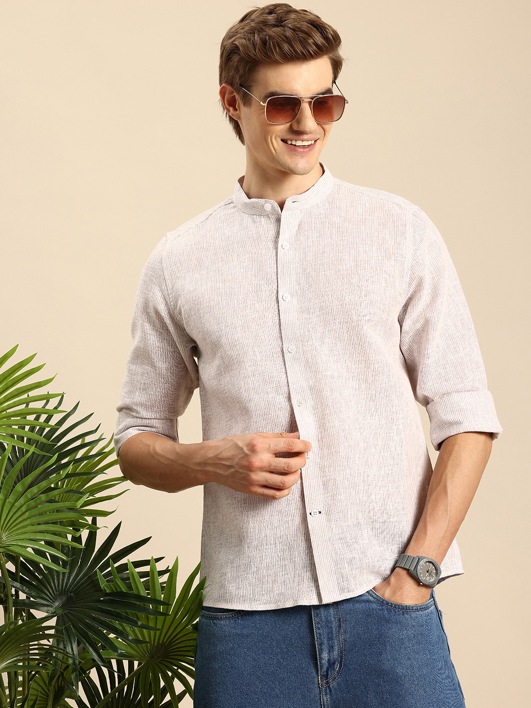 

Mast & Harbour Men Premium Slim Fit Pinstripes Striped Casual Shirt, Cream