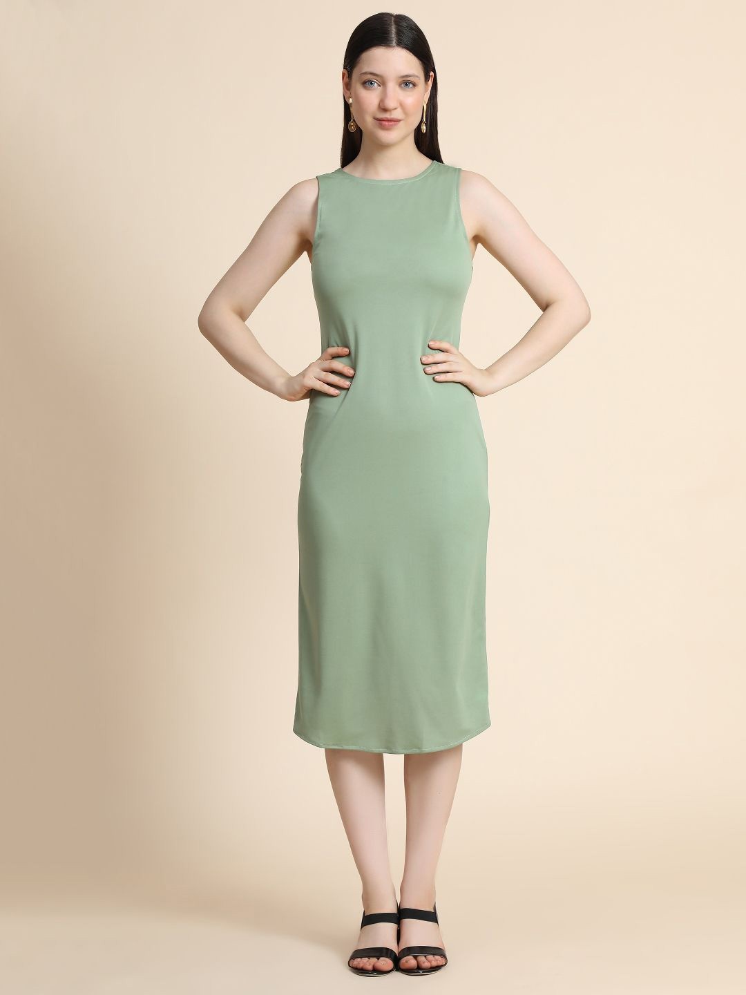 

BAESD Shoulder Straps Straight Midi Sheath Dress, Green